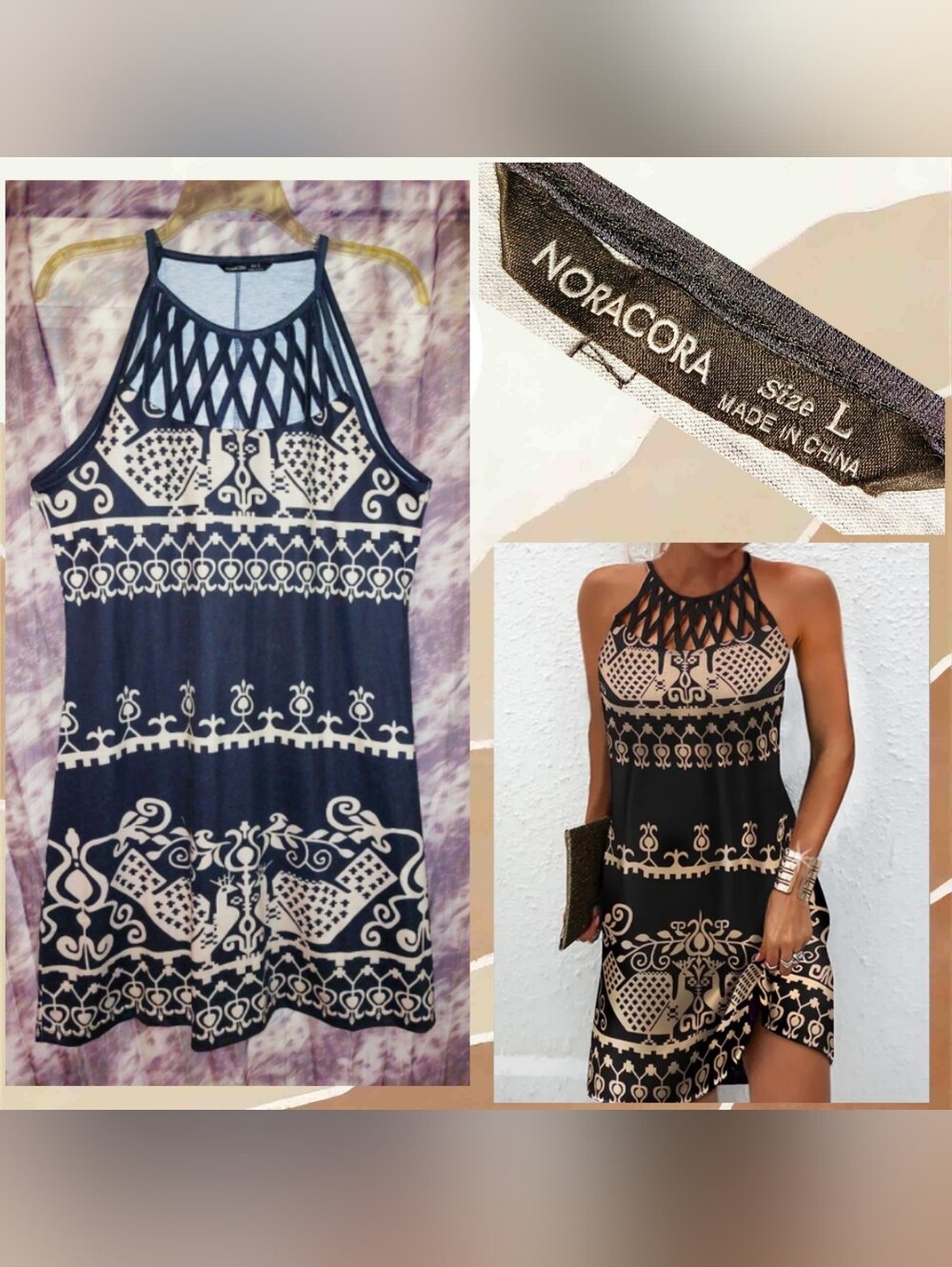 Noracora brand Black & Cream Southwestern Print Soft Knit Mini Tank Dress Sz Lrg
